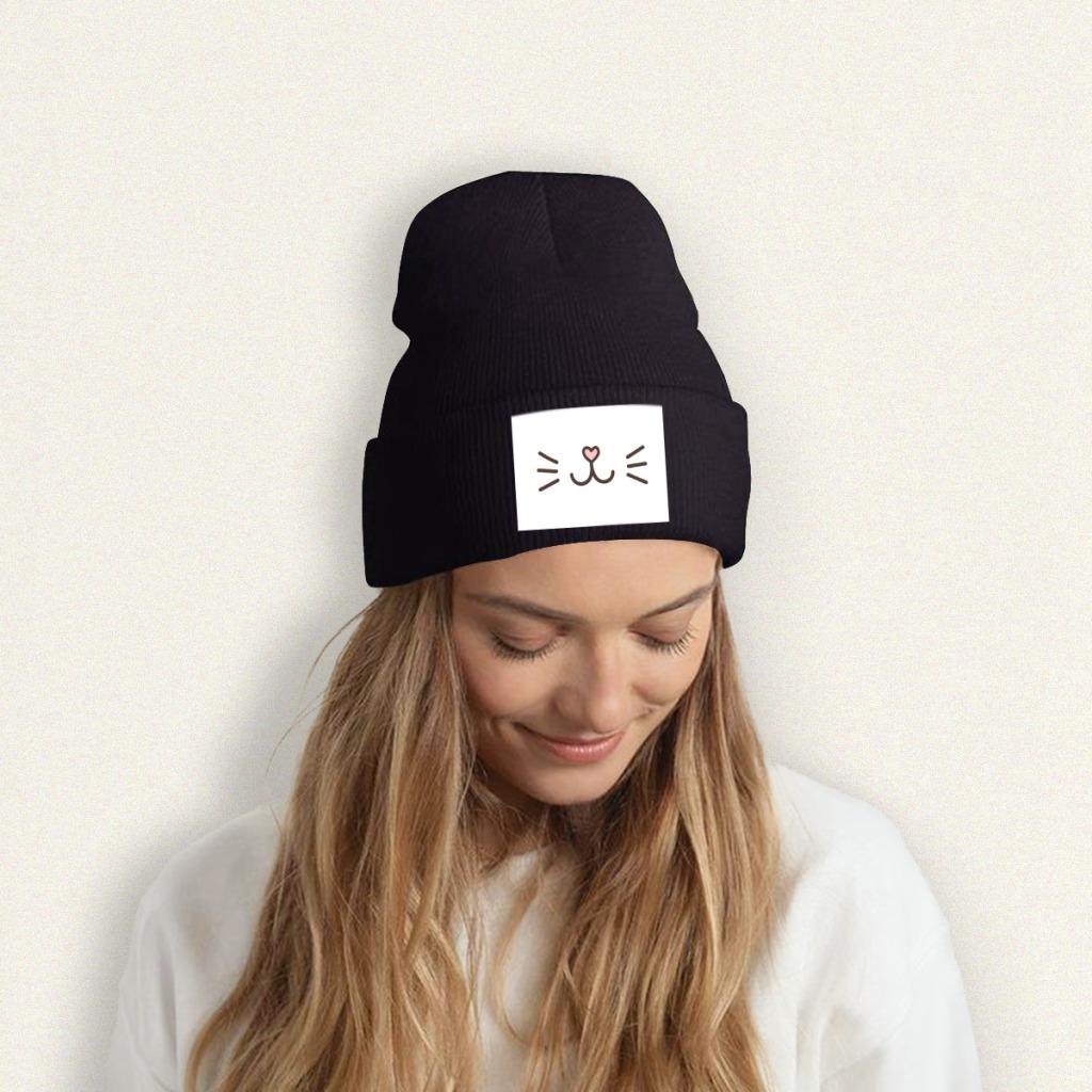 Süße Katzengesicht-Strickmützen, Damen, Unisex, Skullies-Mützen, Wintermütze, Polyester, Kitty, Feline, Kätzchen, Hip-Hop-Kappen