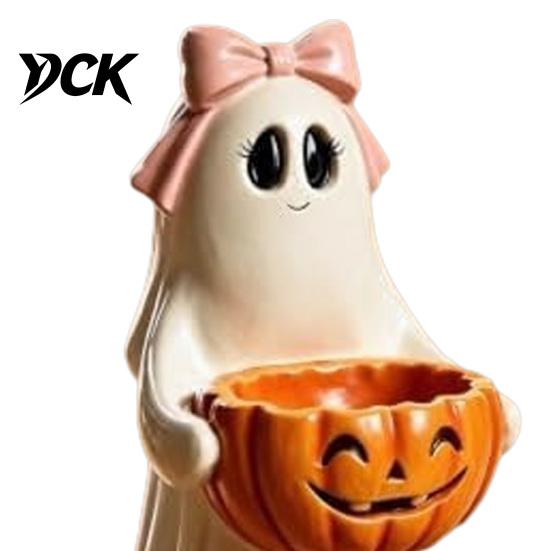 Halloween Table Decorations Resin Ghost Statue with Pumpkin Candy Bowl for Decor, Detailed Tabletop Figures Cute Desktop Organizer Living Room Bedroom