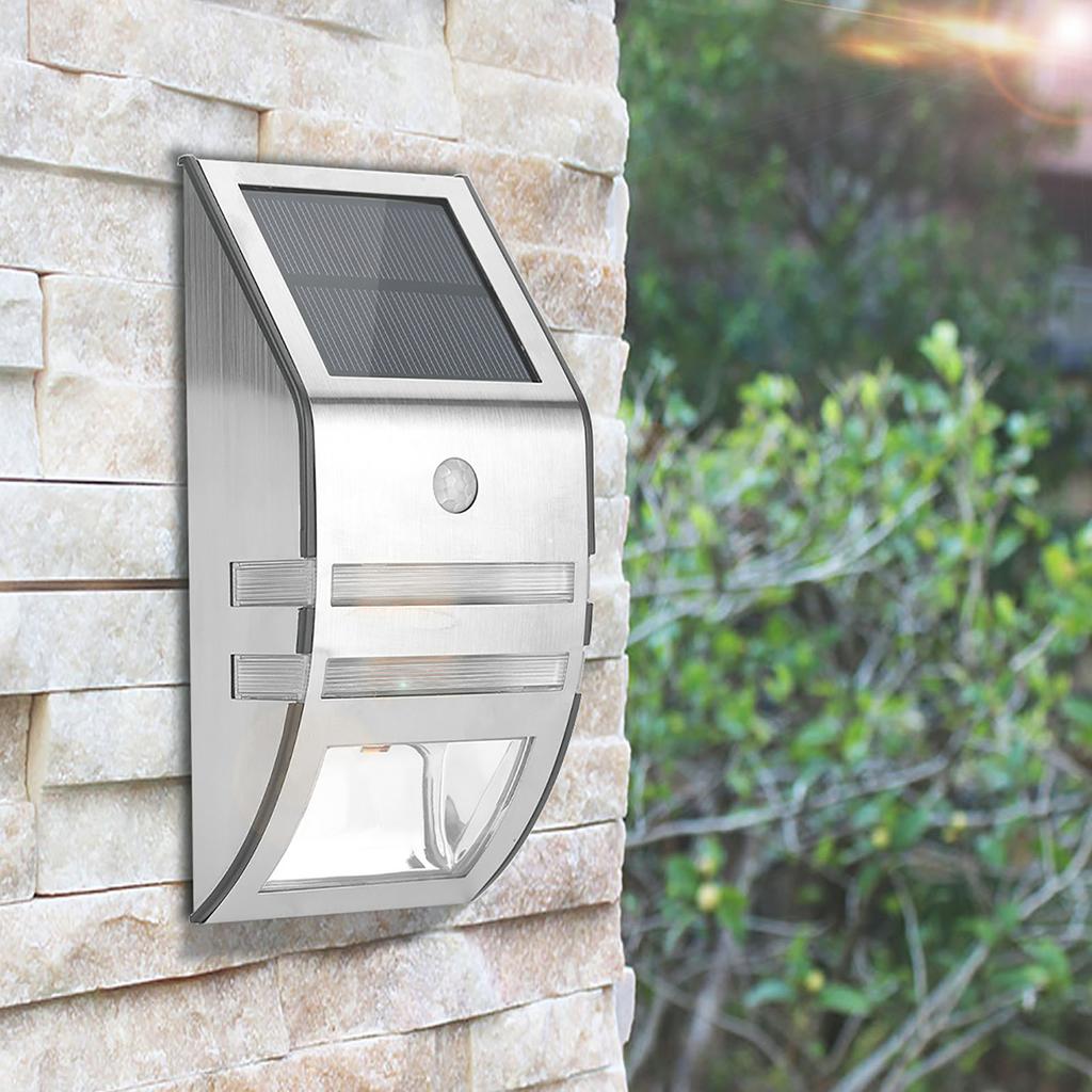 Solar Powered PIR Motion Sensor 2 LED Path Wall Light Stainless Steel Garden Security Lamps