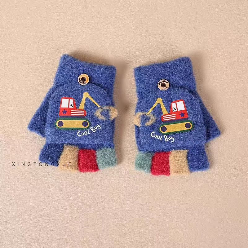 Herbst- und Winter-Kinderhandschuhe Cartoon Bagger Muster Bunte Halbhand Strickhandschuhe Warm und Kältefest Plüsch Klapphandschuhe
