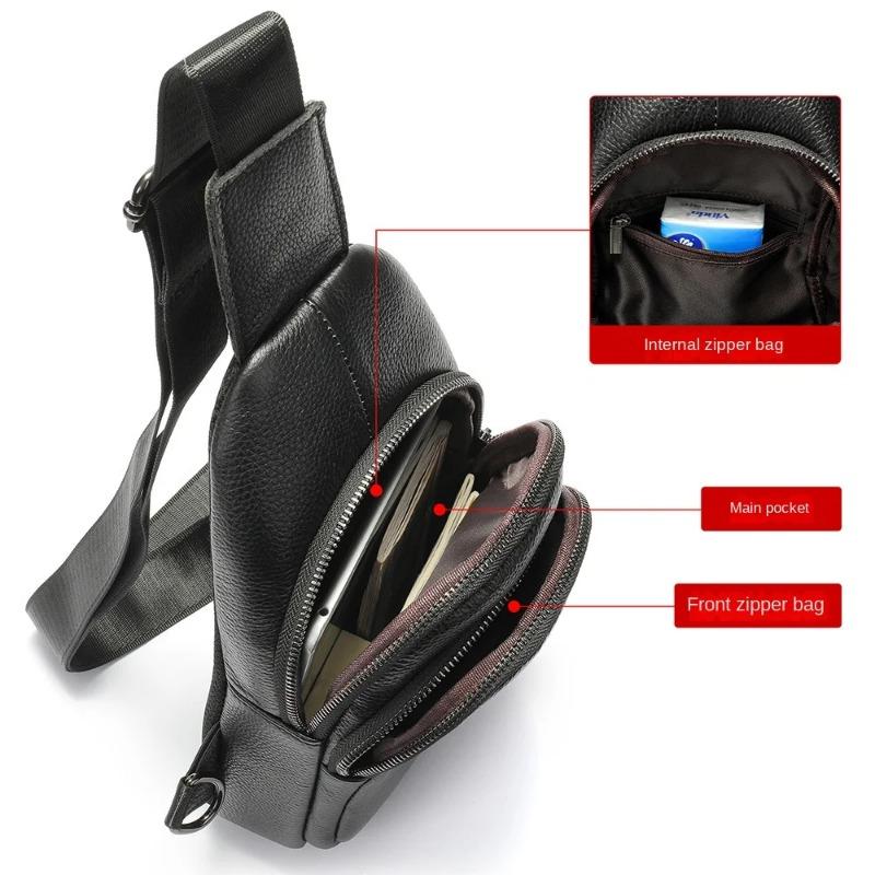 Real leather men's crossbody shoulder bag, fashionable, versatile, casual, portable, breathable, multi pocket chest bag