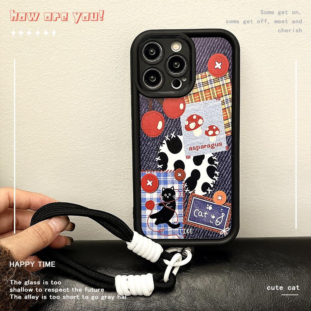 Denim Cat Splicing Suitable for Iphone16Promax Mobile Phone Case Apple 15 Couple with Lanyard Full Cover Shell