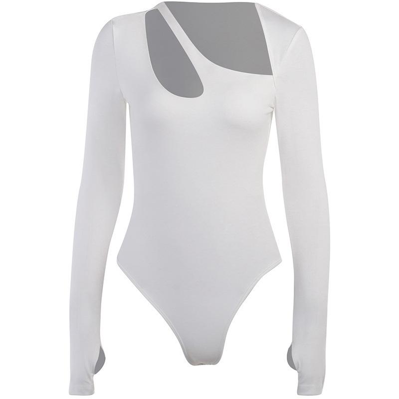 Asymmetric Hollow Neckline Solid Color One Piece Sexy Spicy Girl Fashion Slim Fit Long Sleeve Top