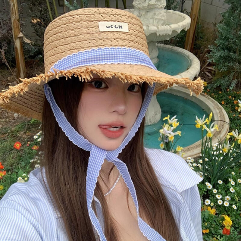 

Black rattan raffia hat lovely ribbon straw hat Jinbeiji