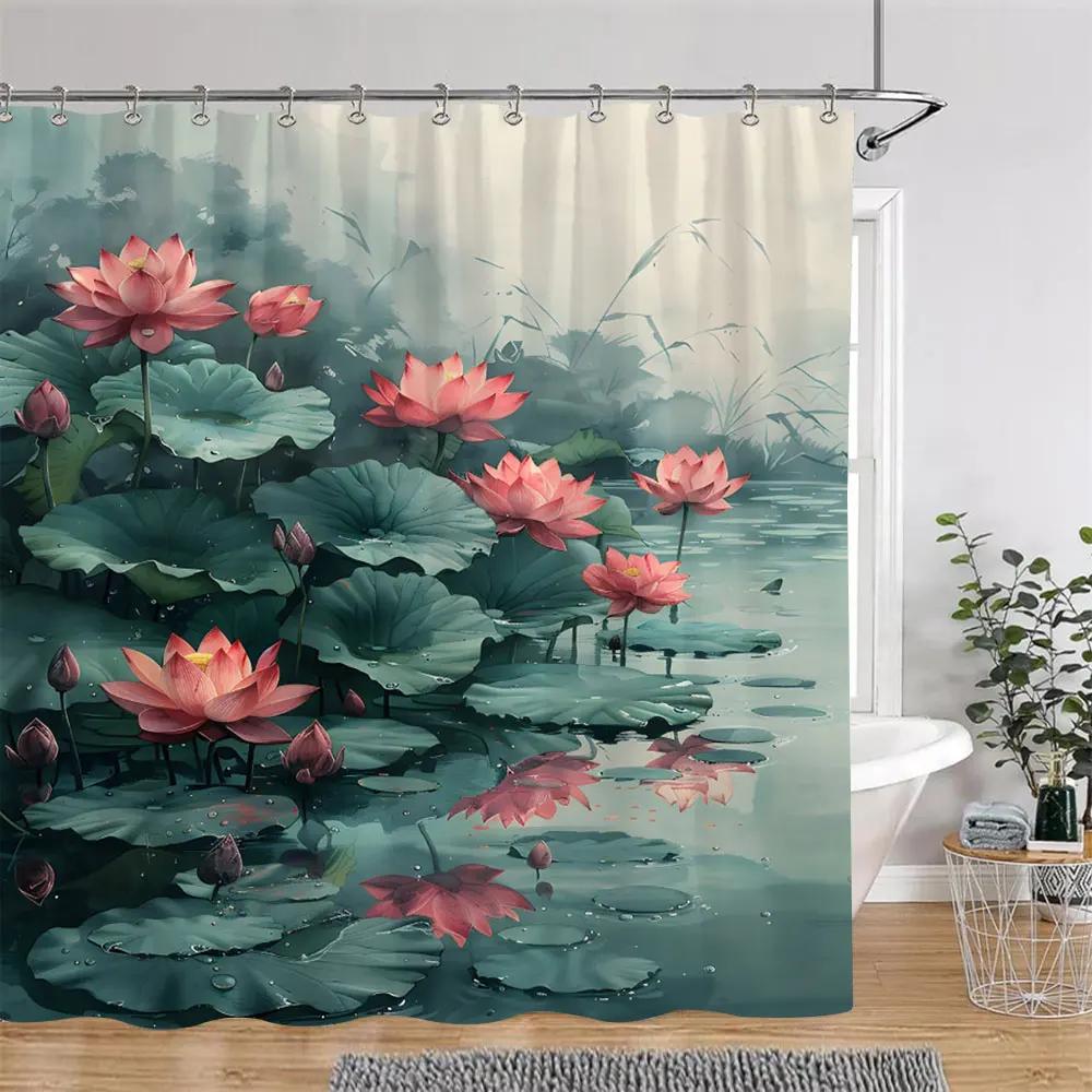 Lotus Flowers Shower Curtain Green Leaves Plant White Floral Chinese Style Home Wall Hanging Bathroom Curtains Decor with Hooks