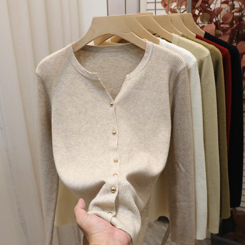 Knitted long-sleeved cardigan sweater jacket women's new autumn solid color women's temperament knitted sweater top