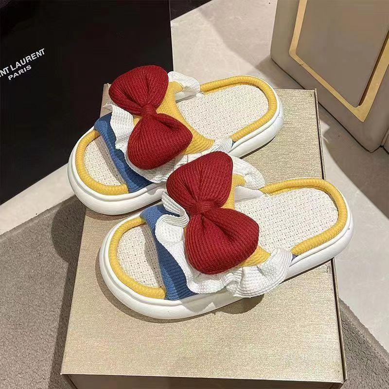 

Льняные тапочки женские для улицы, принцессный стиль с бантом, весенне-летние на толстой подошве, домашние нескользящие тапочки на четыре сезона size 40-41