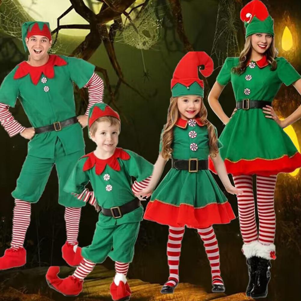 Xmas Santa Helper Costume Elf Hat/Shoes/Stockings Festival Santa Claus Novelty New Year Children Clothing Funny Xmas Party Dress
