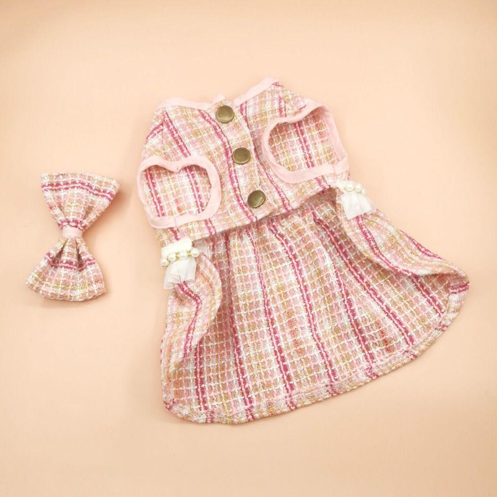 Cute Cat Bow Pearl Coat Soft Pet Skirt Fashion Puppy Plaid Dress  Autumn Winter