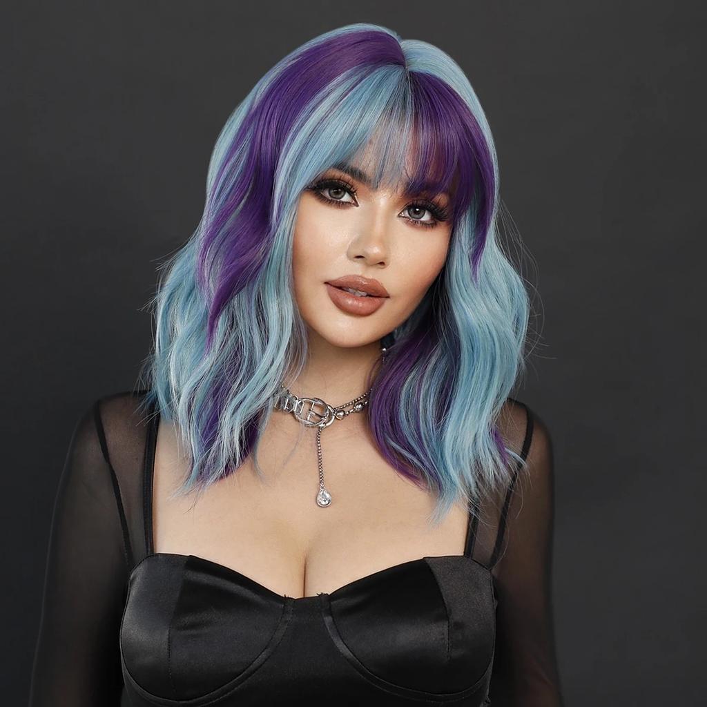 Professional  Synthetic Body Wavy Light Blue Hair Wig with Bangs for Women Daily Party High Density Middle Length Highlight Purple Wigs