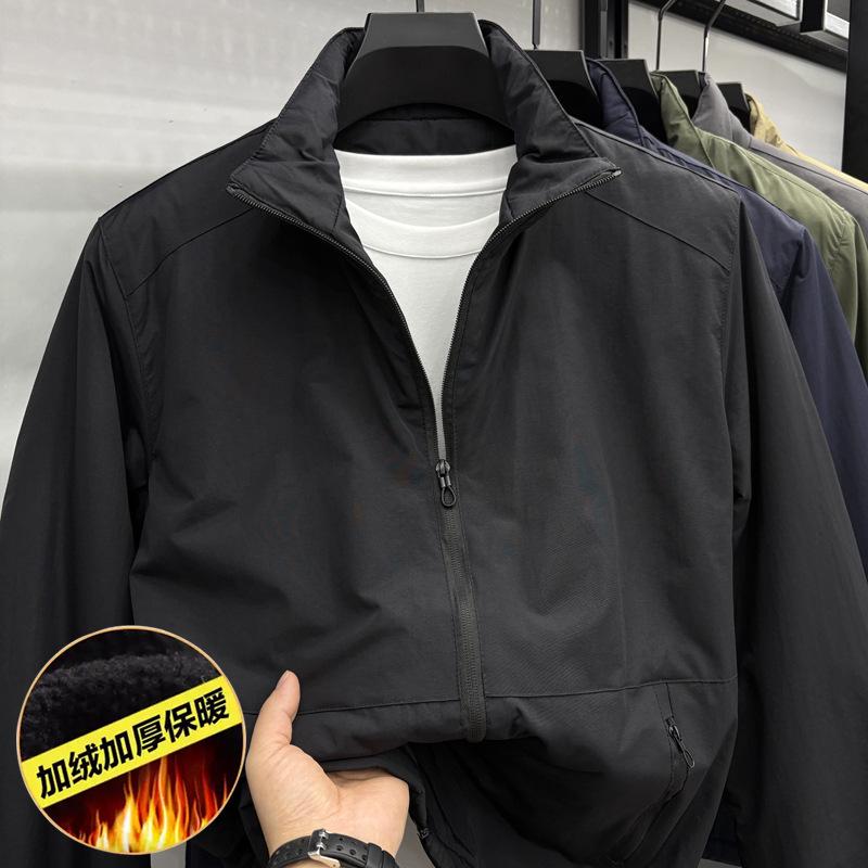 Men's Warm Velvet Jacket - Thick Stand Collar, Windproof, Solid Color Winter Coat for Middle-aged and Young Men.