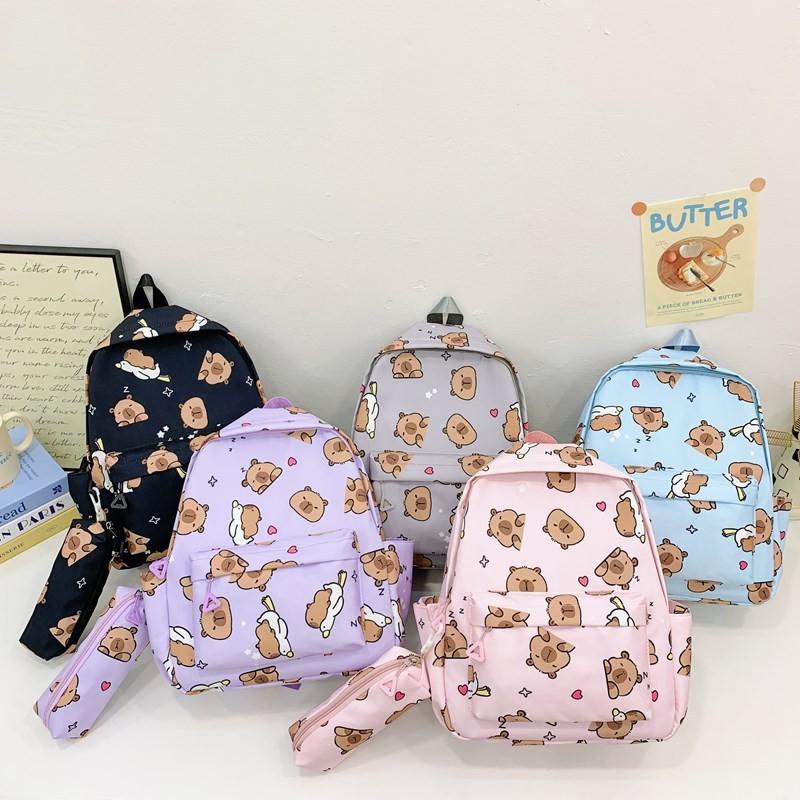 Capybara Dual Trendy Shoulder Backpack Featuring Pencil Holder For Kids School