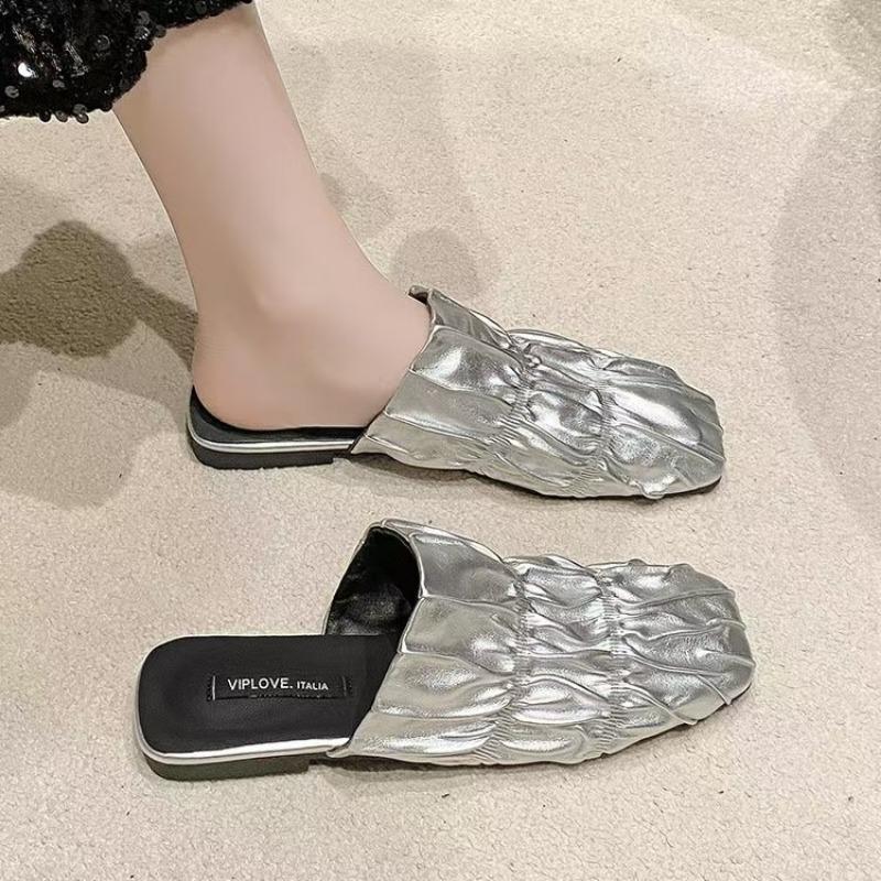 Fashion Spring New Baotou Flat Sandals for Women Fashion Square Head Deep Mouth Fold Soft Sole Anti-slip Wear-resistant Slippers