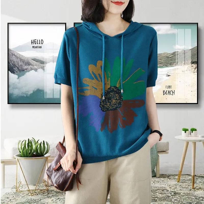 T-shirt for Women Summer Large Size Cotton Hooded Knit Short Sleeve Top Soft Loose Casual Comfortable Pullover T-shirt Top