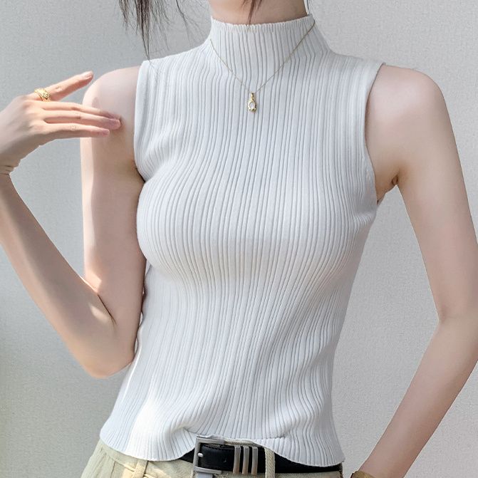 Hochgeschlossenes Camisole Tanktop Gestrickte Basisschicht Frühling - Sommer Modisch Charmant Rot Kurz - Stil Slim - Fit Ärmelloses Top