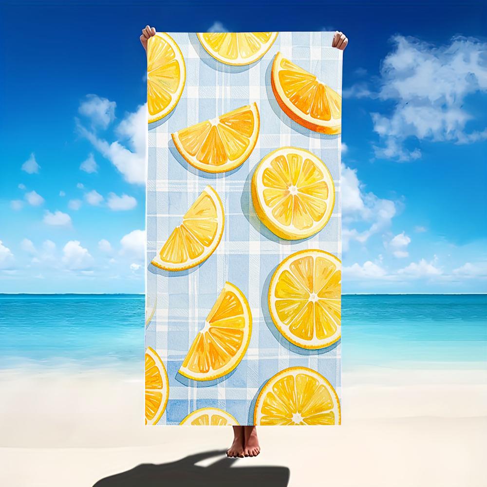 Blue Striped Lemon Slice Print Beach Towel Fresh Summer Design Towel for Men and Women Ideal for Summer Beach Trips