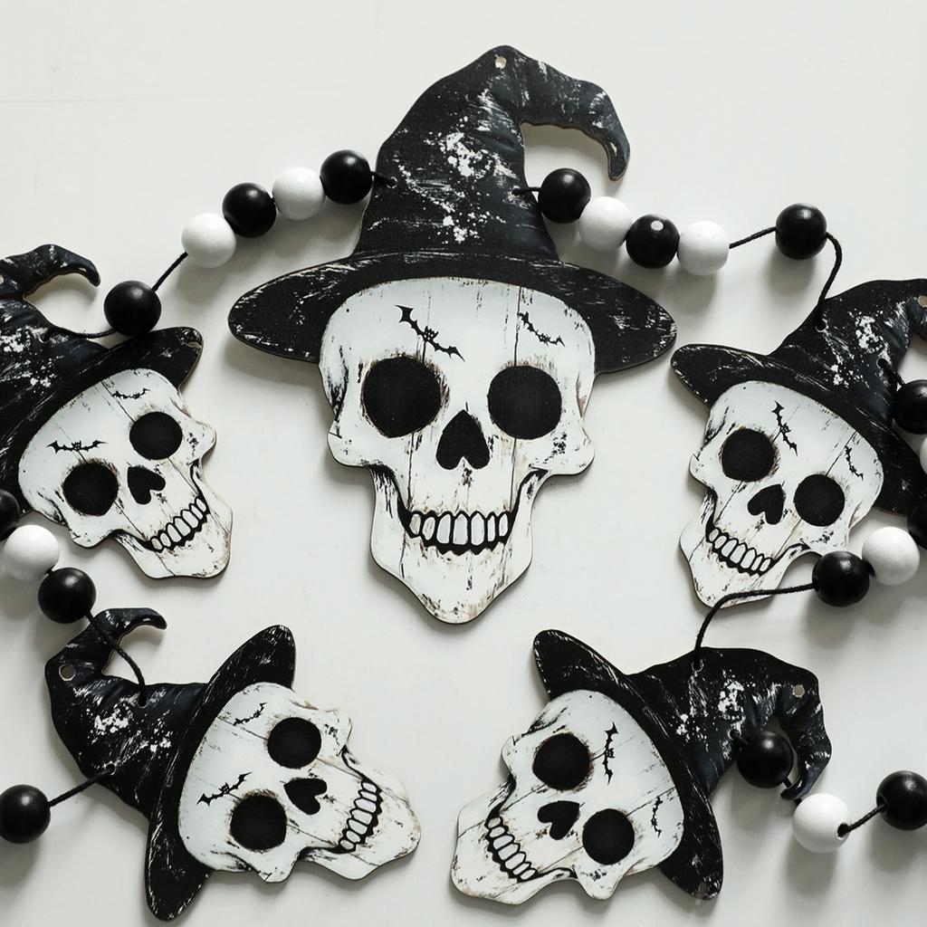 Halloween Skull Garland with Witch Hat - Black & White Beaded Hanging Ornament Living Room Wall Decoration for Fireplace & Party
