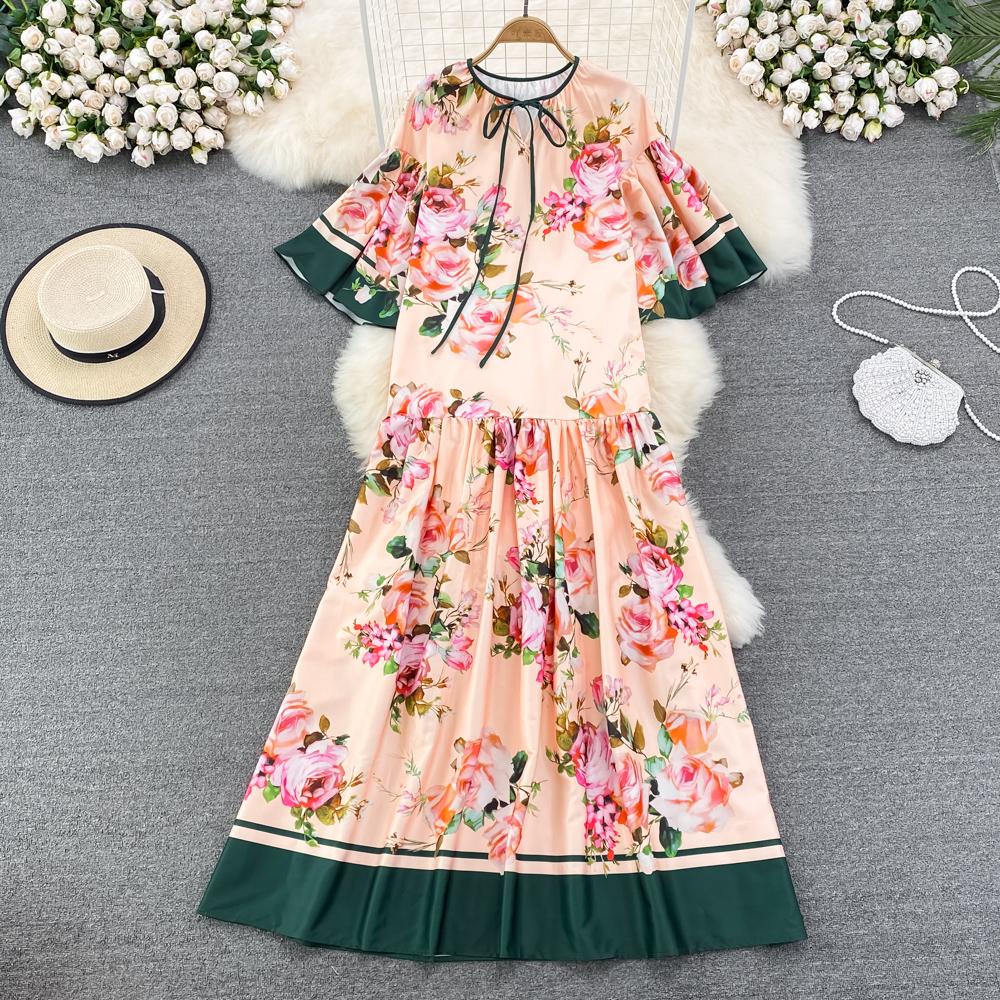 

RUGOD летнее платье трапециевидной формы с оборками и принтом в европейском стиле с круглым вырезом и рукавами-трубой, элегантное большое свободное платье