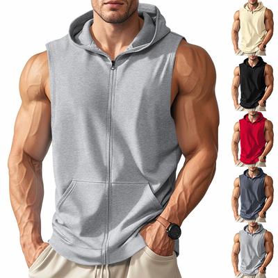 Men's Summer Hooded Sleeveless Vest Zip Up Workout Tank Top Lightweight Breathable Hoodie Jacket Fitness Bodybuilding Training Gym Sports Daily Wear