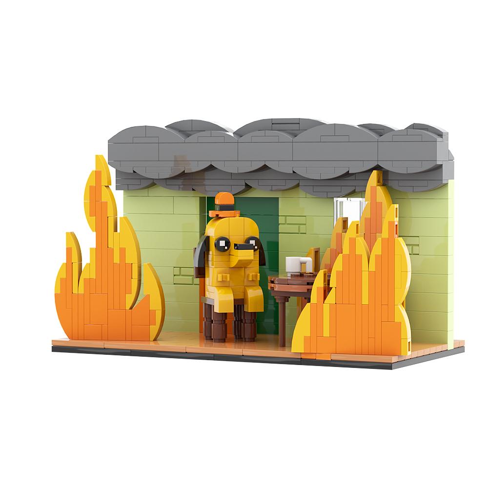 Gobricks MOC This Is Fine-Meme Vignette Bausteine Set Anime Cartoon Jagdhund Flammenstuhl Comic Tiere Kreativität Modellstein Geschenk