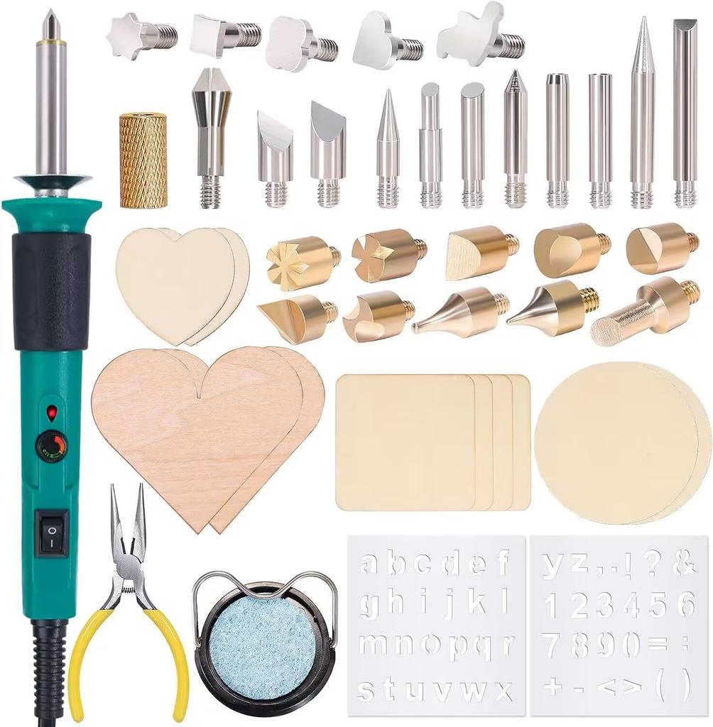 YIHUA Wood Burning Electric Heating Pen Adjustable Temperature For wood leather carving 10 pieces of 26 pen 2 stencils 930-IV 41-in-1 (0-40°C)