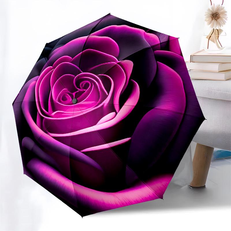 1pc Purple Rose Themed Design Umbrella 8 Rib Frame, One-touch Automatic Opening 3 Fold Umbrella, Fashion Gift-p0803043