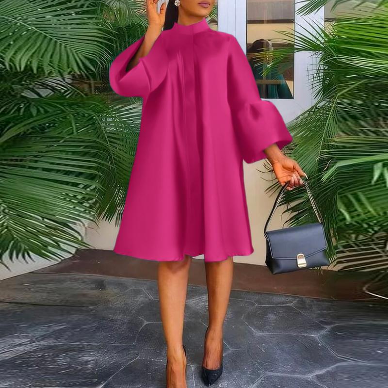 

VONDA Жіночі однотонні сукні з довгими рукавами великого розміру 4XL темно-рожевого кольору