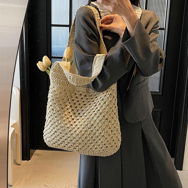 Yogodlns Casual Woven Straw Bag Large Capacity Fashionable Shoulder Beach Vacation Bag for Spring Summer Shopper Handbag Totes