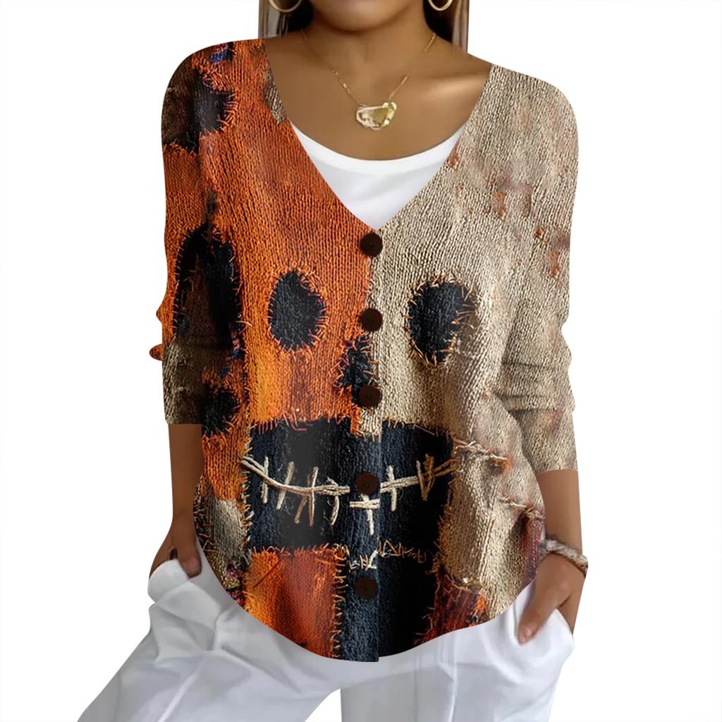 Women's Fashion Casual Knit Sweater Button-Up Halloween Printed  Cardigan Jacket