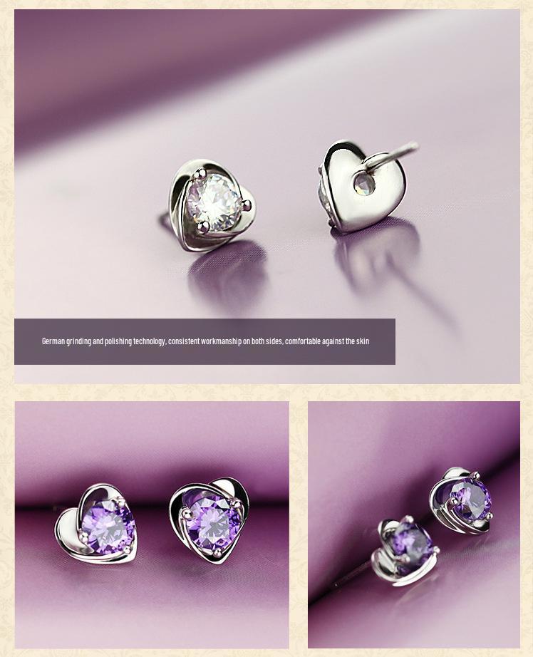 Purple Heart Diamond Stud Earrings – 925 Silver Needle, Fashion Sweet Style for Females and Students