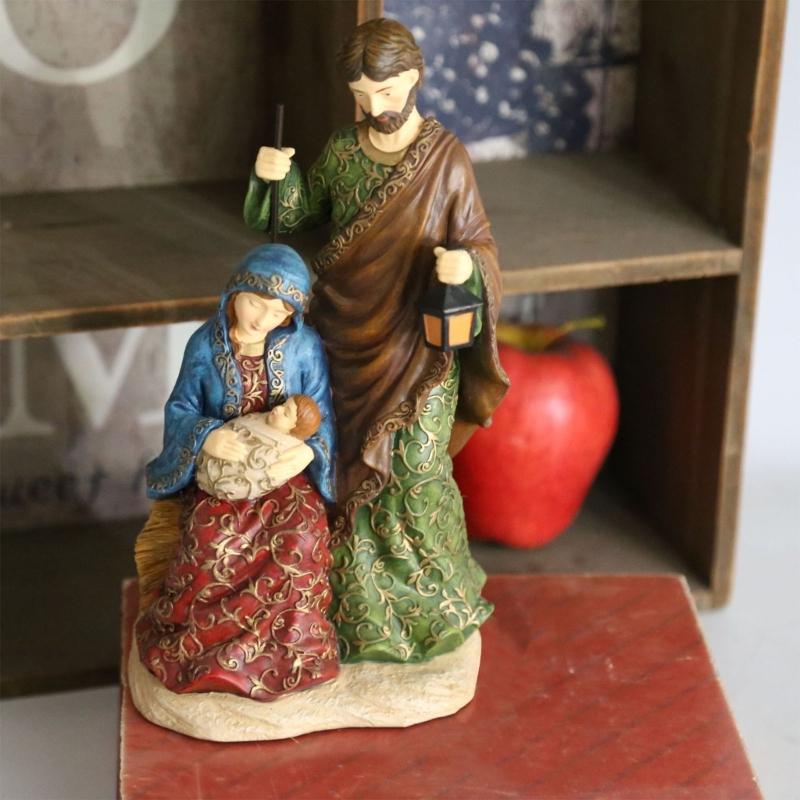 Vintage Holy Family Christmas Figurine Resins Nativity Scene Sculpture Holiday Tabletop Religious Decors Ornament Gift