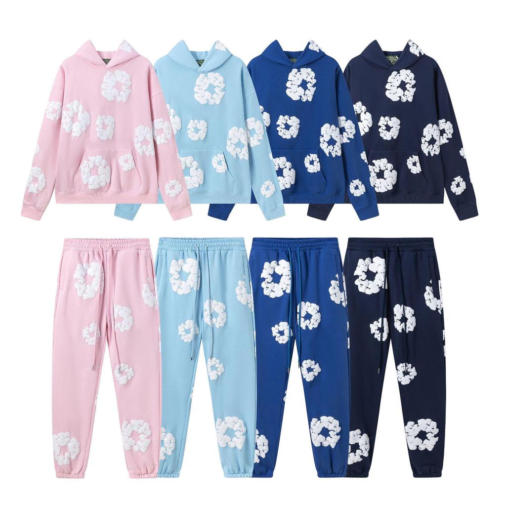 2025 Unisex Cotton Floral Bubble Print Hoodie & Sweatpants Set for Autumn/Winter - European & American Style