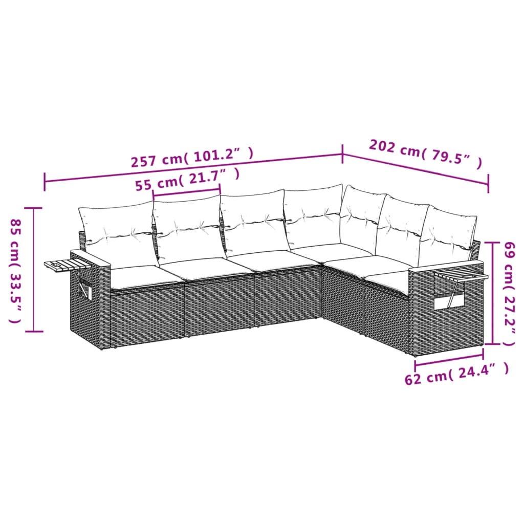 6 Piece Grey Garden Sofa Set with Cushions Poly Rattan