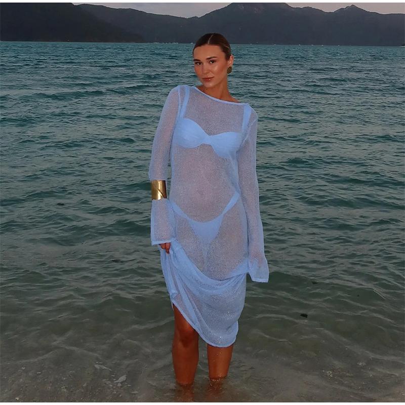 Sommarstickad Utskuren Lång Klänning Rygglös Genomskinlig Lång Flare Ärm Semester Strand Maxi Klänningar 2025 Ny Dam Slim Cover Up