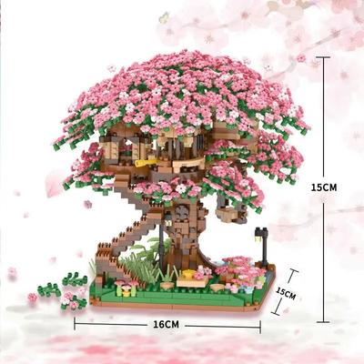Creative Cherry Blossom Tree House Building Blocks City Street View Building Model Micro Assembly Brick Toy Toddler Girl