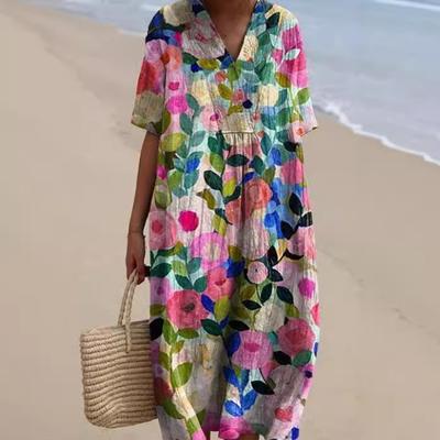 Damska Sukienka Maxi w Kwiatowy Wzór z Dekoltem V Boho Krótki Rękaw Luźna Plażowa Sukienka Letnia