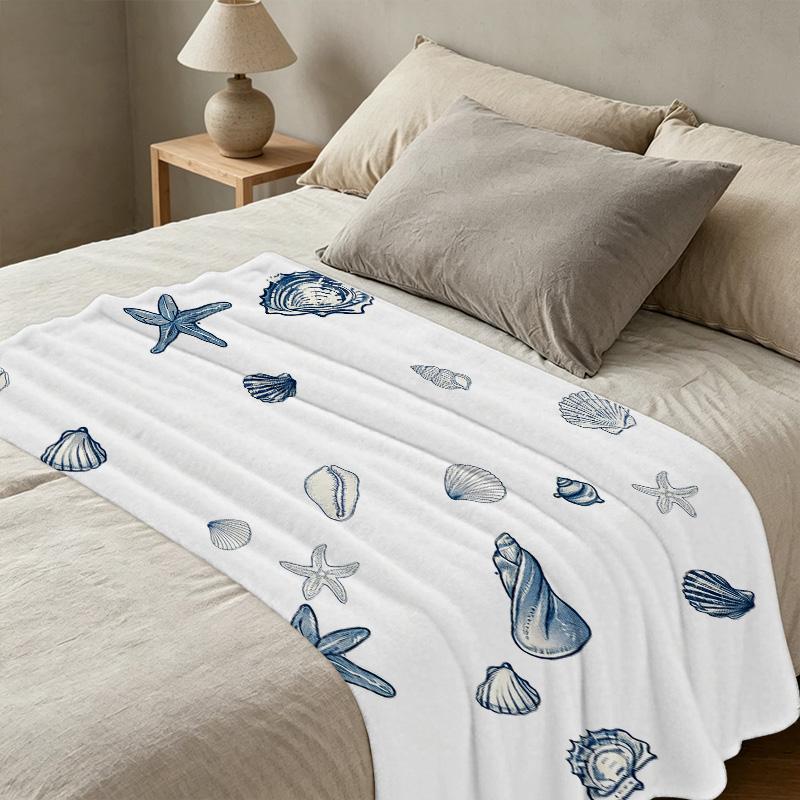 Multifunctional Non-Shedding Flannel Blanket, Ocean Shell & Starfish Pattern, Soft Warm Throw for Sofa, Bed, Cozy Home Use, Christmas & Halloween
