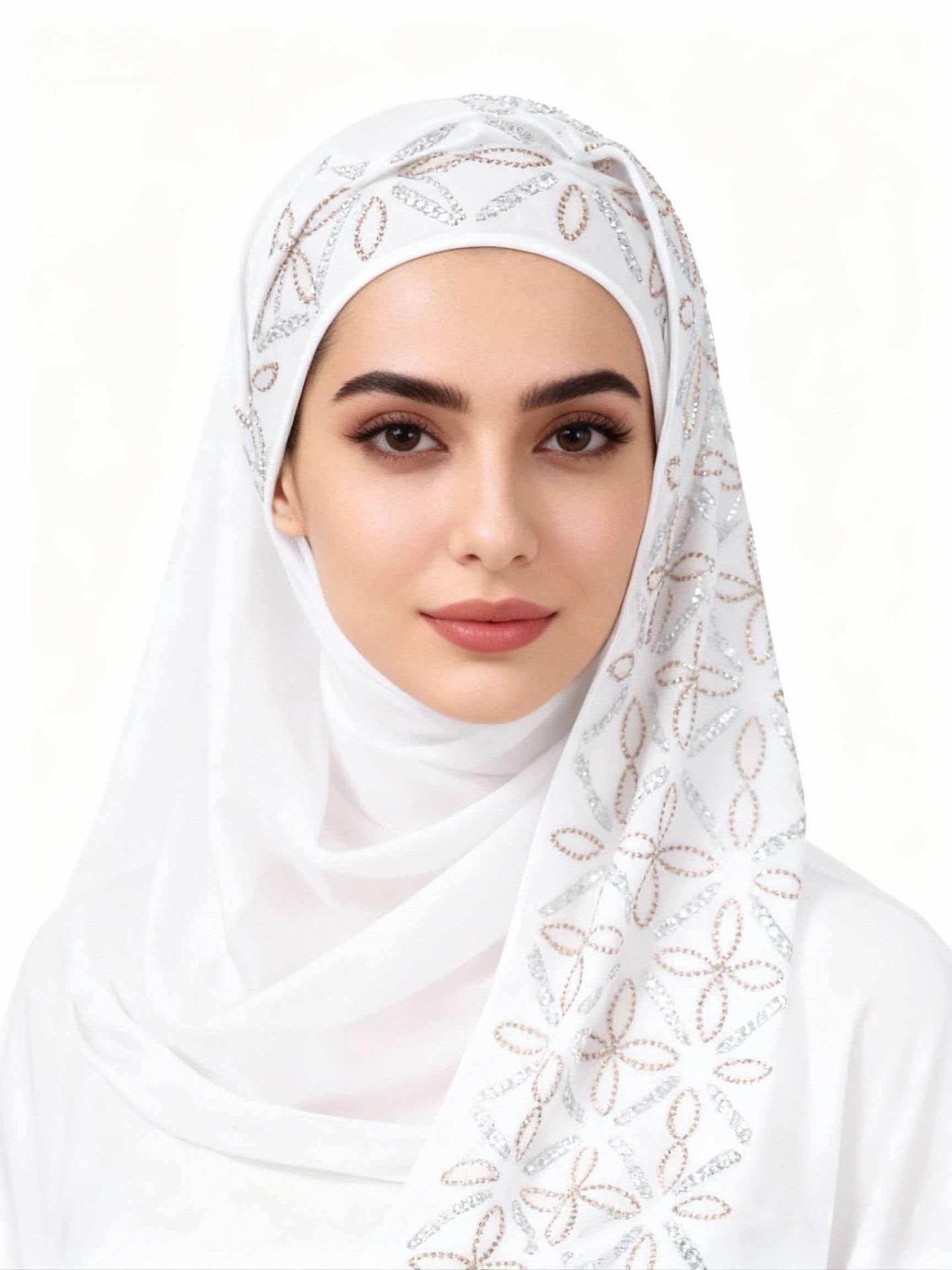 Ethnic Style Pearl Embellished Faux Rhinestone Warm Scarf Head Covering Fashionable Lightweight Shawl Wrap for Women One Size