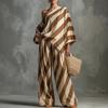 Trendy Lazy Vintage Striped Printed Top & Wide Leg Pants Set