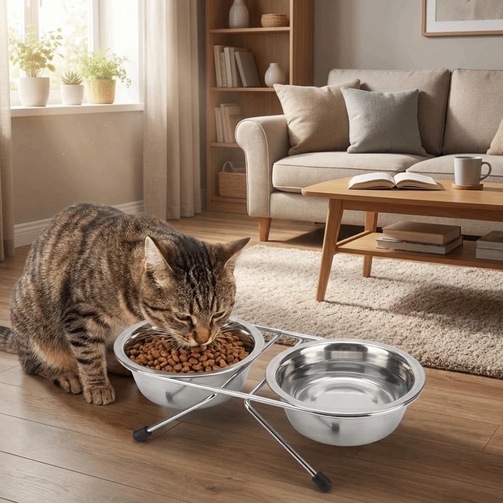 Iron Frame Stainless Steel Pet Bowl Anti-leak Pet Drinking Bowl Cat Double Bowl  Pet Feeding