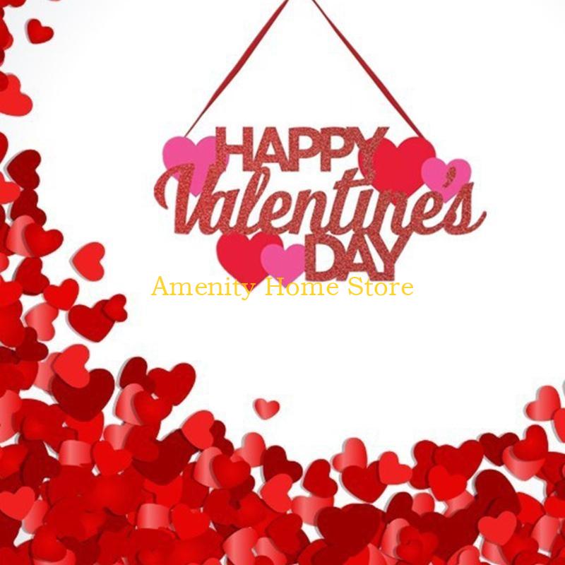F26C Happy Valentine's Day Sign Valentine's Day Love Heart Pendant Hanging Ornament for Home Romantic Party Wall Window Door