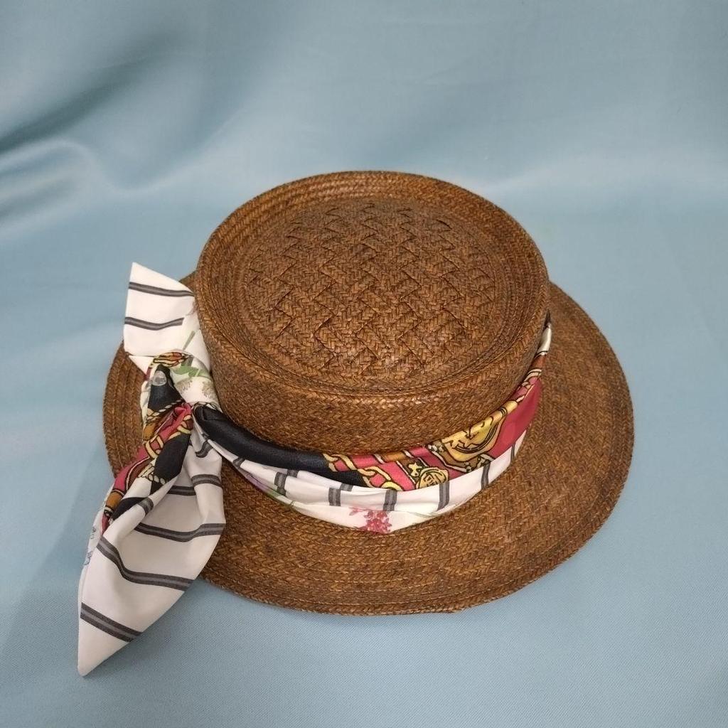 Used Straw Hat Boater Hat with Scarf