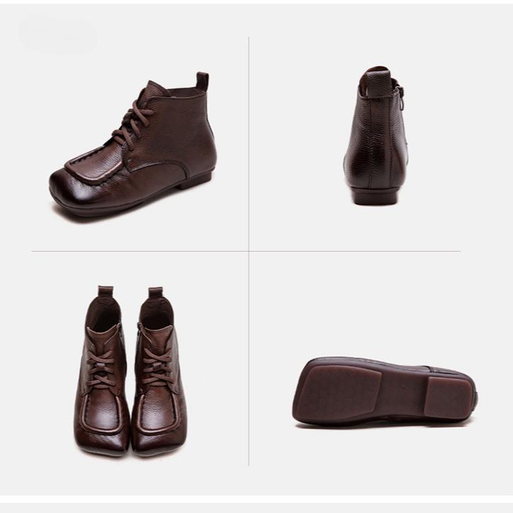 Johnature Kurze Stiefel aus echtem Leder im Retro-Stil mit bequemer, quadratischer Zehenpartie und Schnürung für Damen