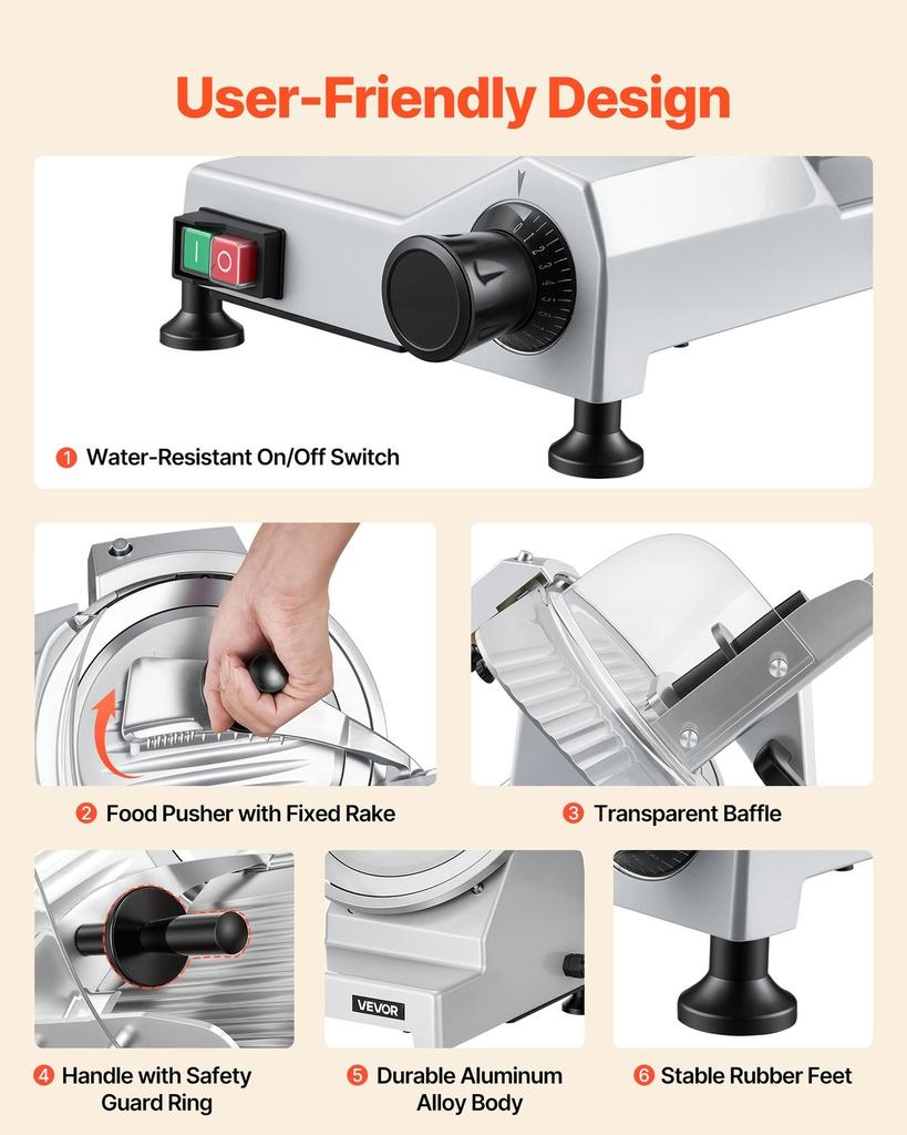 Commercial Meat Slicer, 240W Electric Deli Food Slicer with 250mm Carbon Steel Blade, Built-In Sharpener & 0-12mm Adjustable Thickness for Frozen