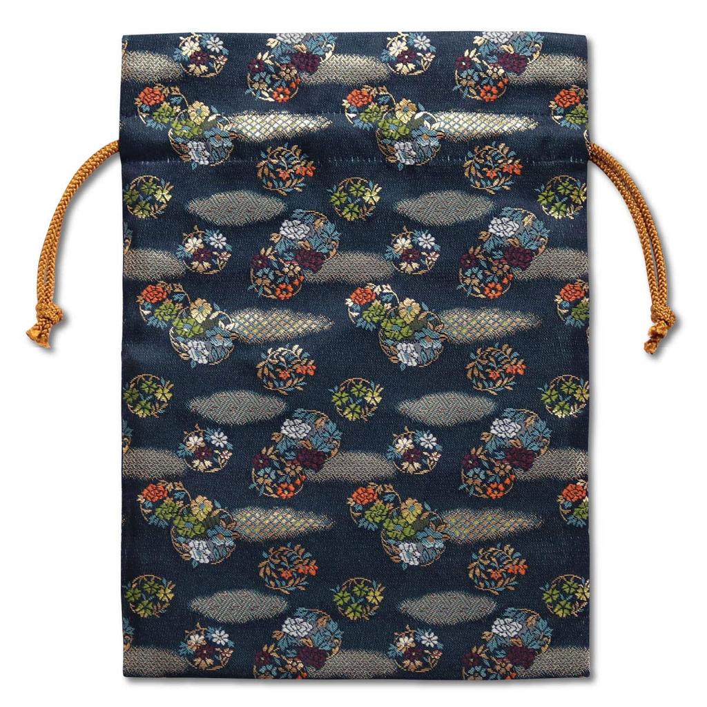 Nishijin-ori Gold Brocade Drawstring Bag (Cloud Wreath (Navy))