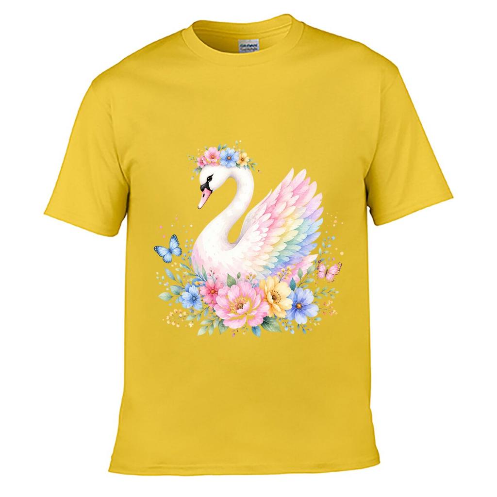 Pastel Swan Floral Butterfly Waterco Unisex Summer Washed Tee Loose Distressed Top