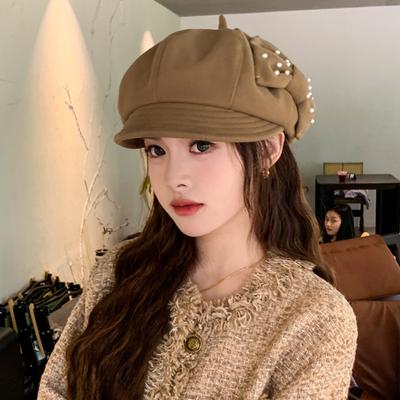 Hat Female Early Autumn Spring and Autumn Thin Octagonal Hat Versatile Pearl Bow Big Head Circumference Showing Face Small Newsboy Hat