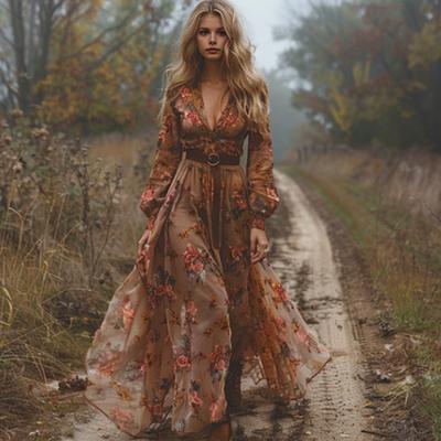 Spring Fall Dress V Neck Digital Floral Print Pleated A-line Maxi Dress
