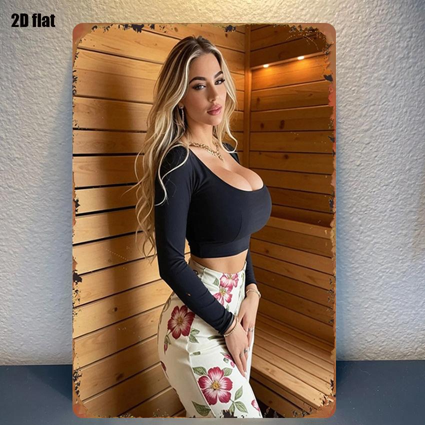 

Vintage D Flat Woman in Black Crop Top Floral Pants Tin Sign Retro Sauna Scene Portrait Metal Wall Art Decor for Bedroom S 20x30cm（7.8x11.8inch）