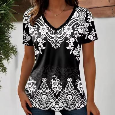Summer Outdoor Casual Short Sleeve Tops Retro Street Flower 3D Print OverSize Women's Clothing Harajuku Wind Ladies V-neck T-shirt